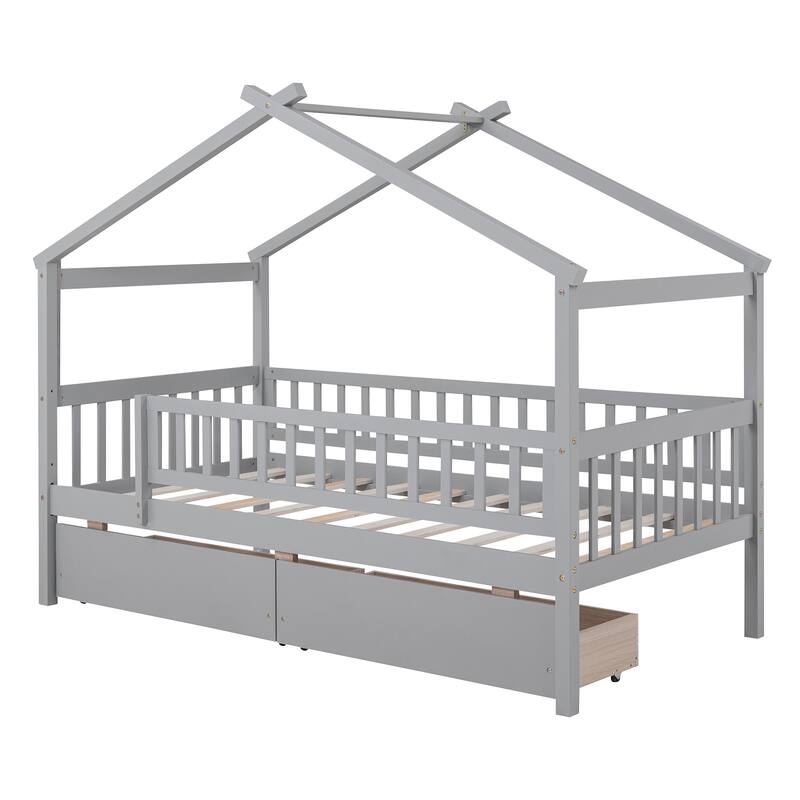 Wooden House Bed for Kids with Two Storage Drawers, Sturdy Twin Size Design