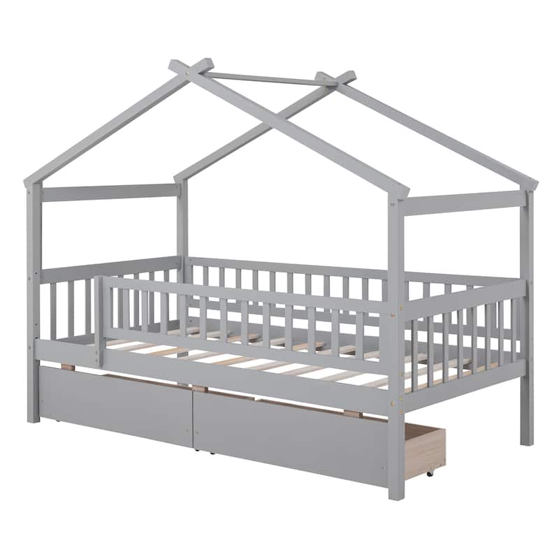Wooden House Bed with Two Drawers and Fence