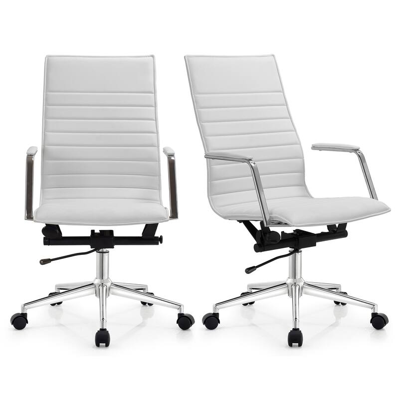Set of 2 High Back Office Desk Chair | Upholstered Ribbed PU Leather | Armchair for Home, Executive, Conference, Meetings - White