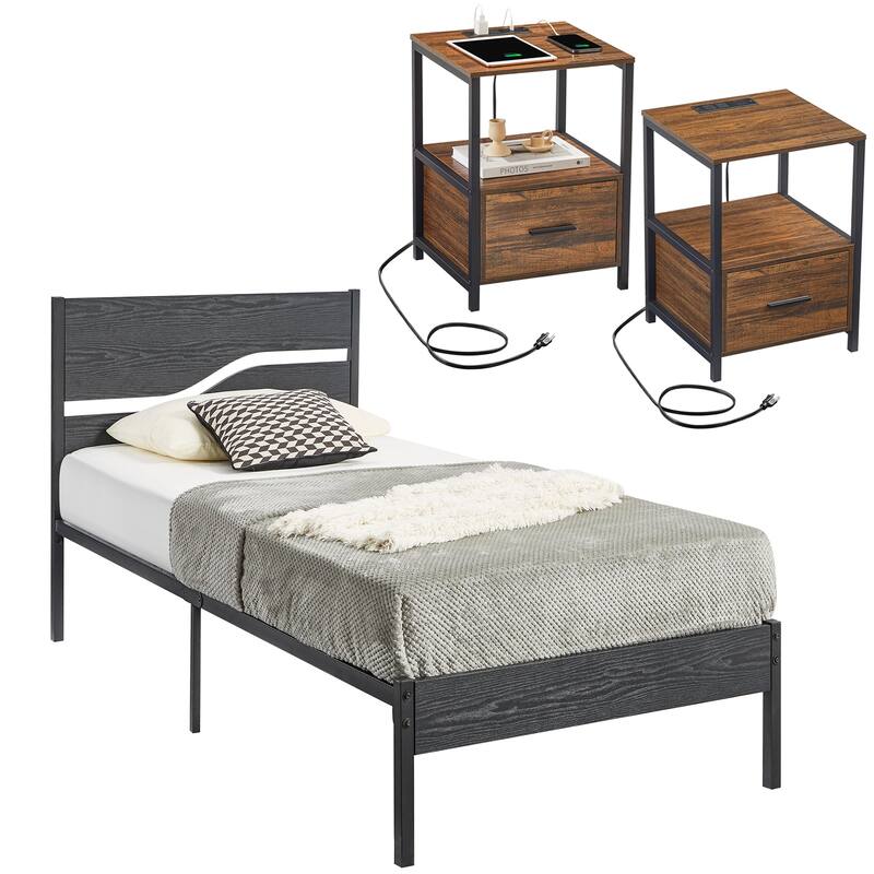 3-pieces Bedroom Set Platform Bed Frame Set of 2 Nightstands with Charging Station USB Port - Black Bed-Brown Nightstands - Twin