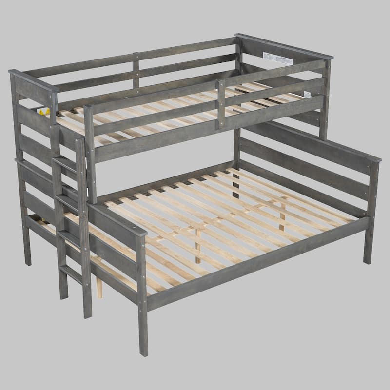 Twin XL over Queen Bunk Bed with Ladder, Solid Pine Wood Construction, Detachable Design - Grey - Twin XL