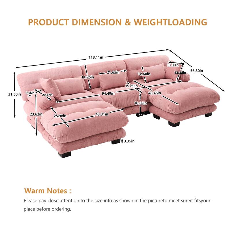 GALDWIN Velvet Upholstered 3-Seater Comfy U-shaped Cloud Tufted Free Combined Sectional Sofa with 2 Ottomans