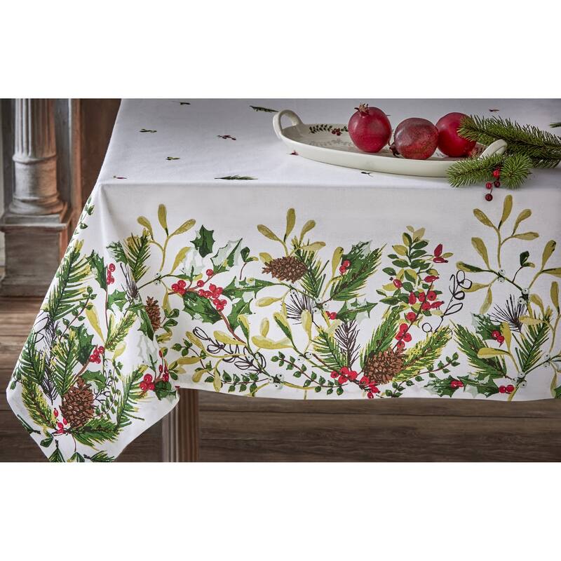 Winter Sprig White Cotton Tablecloth with Pinecone and Holly, 84"L x 60"W - 60 x 84