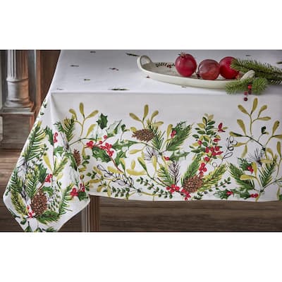 Winter Sprig White Cotton Tablecloth with Pinecone and Holly, 84"L x 60"W - 60 x 84