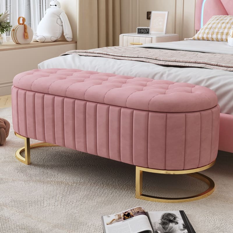 Elegant Upholstered Velvet Storage Ottoman with Button-Tufted,Storage Bench with Metal Legs for Bedroom,Living Room