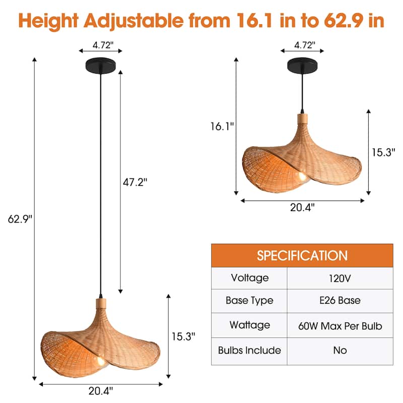20" Natural Wicker Rattan Adjustable Pendant Light Chandelier for Dining Room