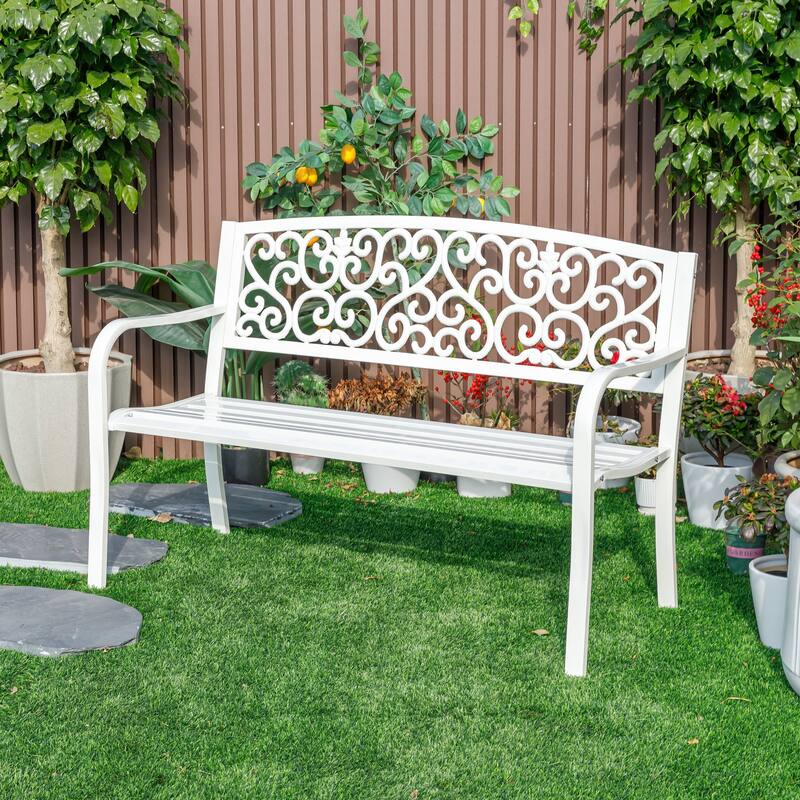 Scroll Pattern Cast Iron Outdoor Garden Bench - 50" - White