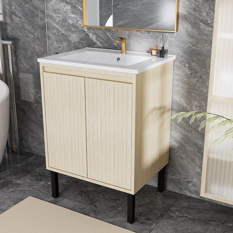 GDFStudio - Ari Modern Aesthetic Freestanding Bathroom Vanity with Ceramic Sink, Soft Close Drawers & Large Storage Spaces