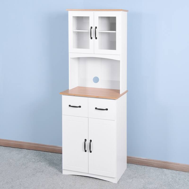 Kitchen Pantry Cabinet with Framed Glass Doors, Wooden Storage Hutch with Adjustable Shelves, Cupboard with Open Countertop
