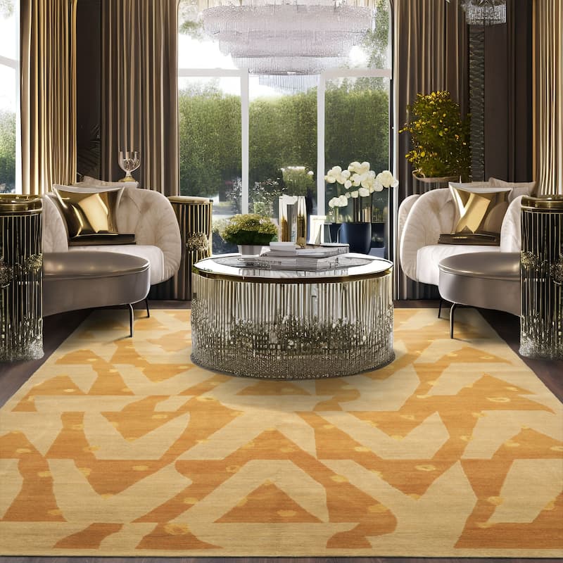 6x8'11'' Tibetano Hand Knotted Wool Beige Modern & Contemporary Art Deco Rug - 6' x 8' 11'' - 6' x 8' 11''