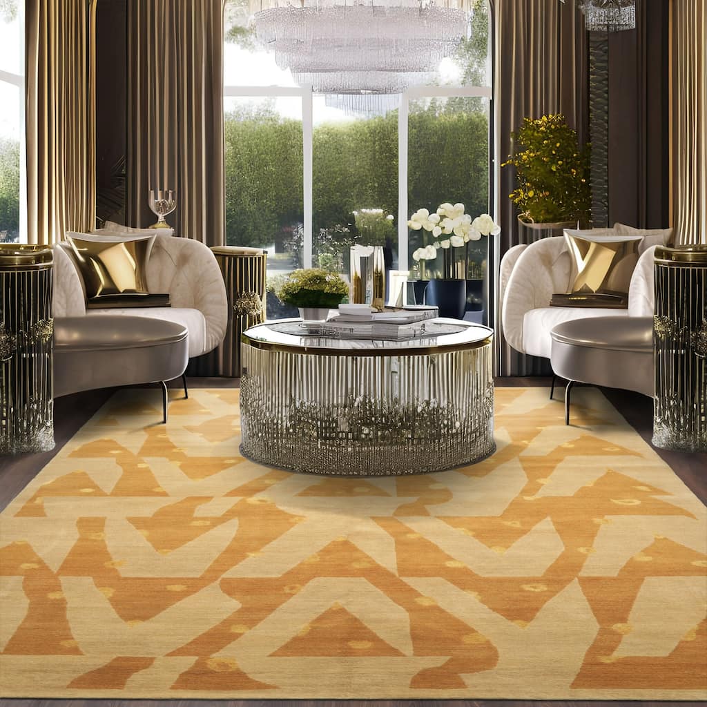 6x8'11'' Tibetano Hand Knotted Wool Beige Modern & Contemporary Art Deco Rug - 6' x 8' 11''