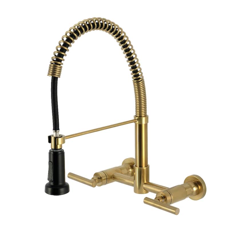 Kingston Brass Essex Double-Handle Wall-Mount Pre-Rinse Bridge Kitchen Faucet - Brushed Brass