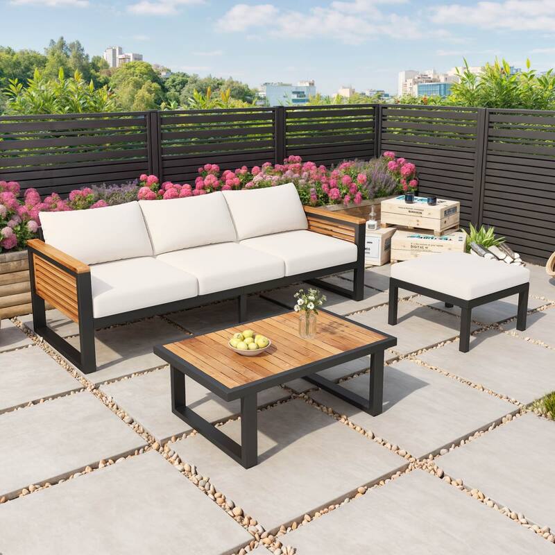 3-Piece Outdoor Wood and Iron 3-Seater Sofa Set with Ottoman and Table