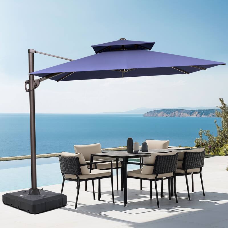 Outdoor Patio 9 FT x 12 FT Dual Top Umbrella Cantilever Offset with Base stand - Navy Blue