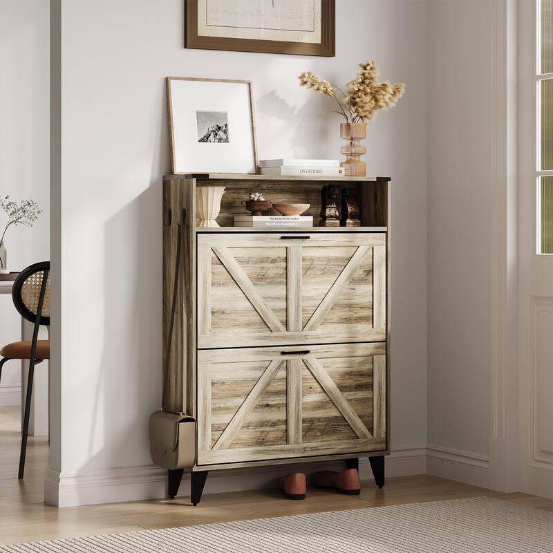 Shoe Cabinet with 2 Flip Drawers, Front Door Shoe Rack with Metal Legs and Adjustable Shelf, Shoe Rack - Antique Color