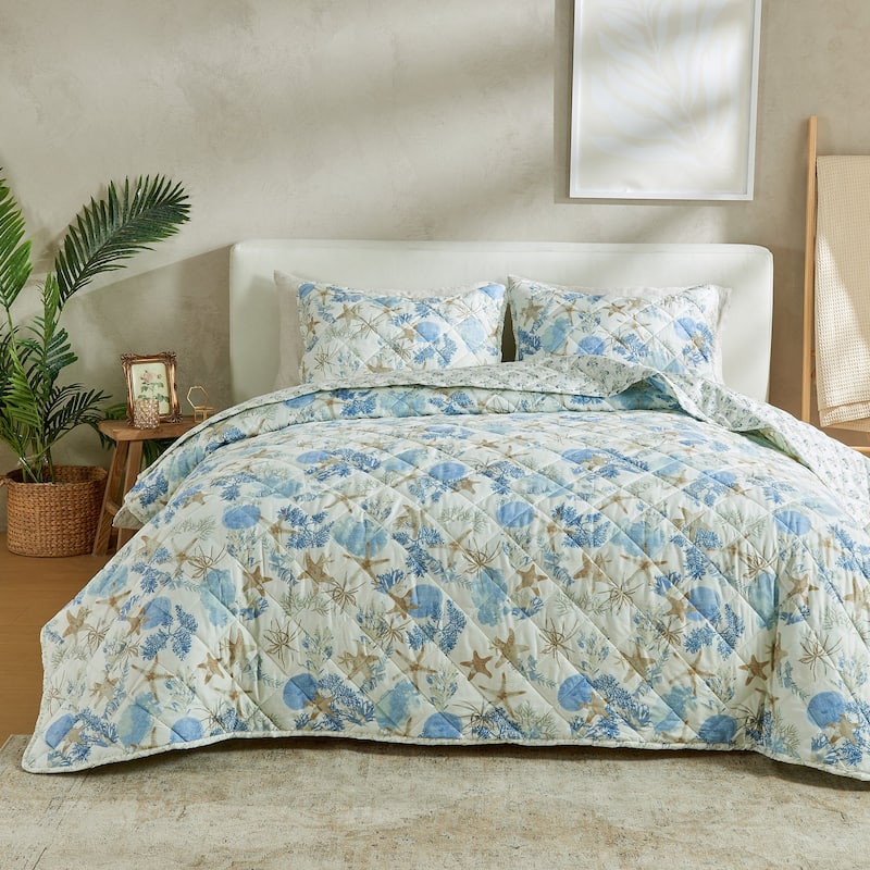 Patina Vie Maison Reversible Vintage Coastal Quilt Set - Blue Coral - Twin - Twin XL
