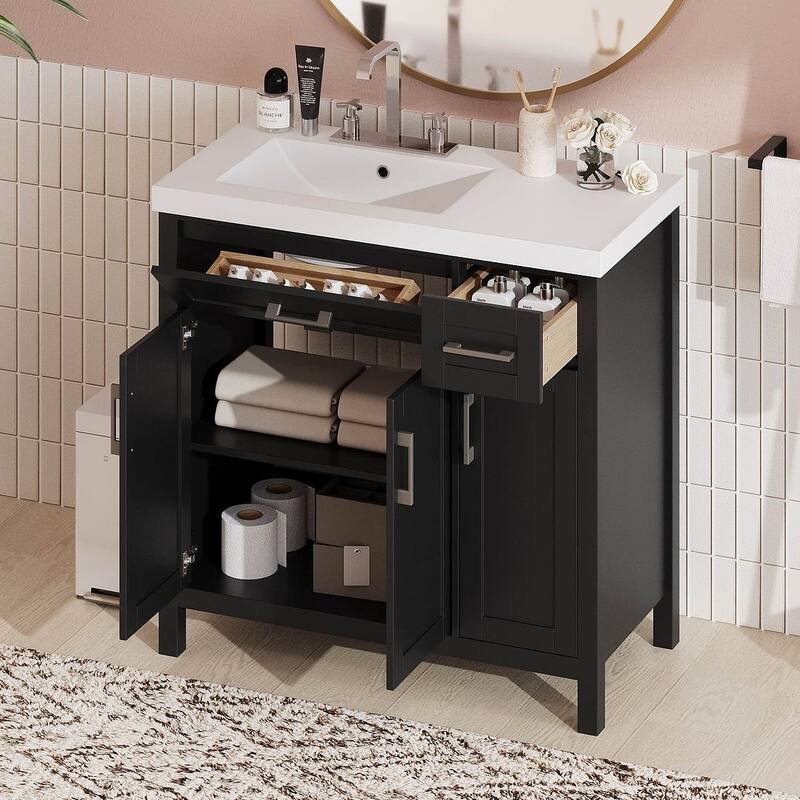36" Bathroom Vanity Cabinet with Resin Integrated Sink - 2 Drawers, 3 Doors