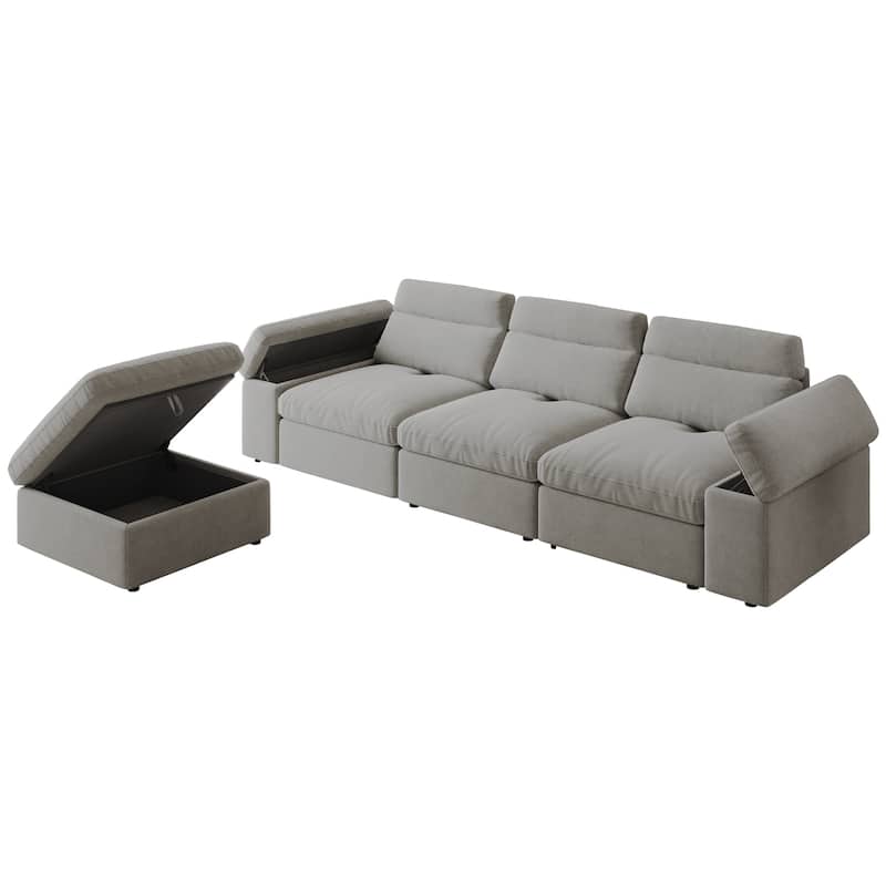 Down Filling Upholstered L-shaped Sectional Sofa with Storage Ottoman and Armrests, Chaise Modular Couch with Adjusted Backrest