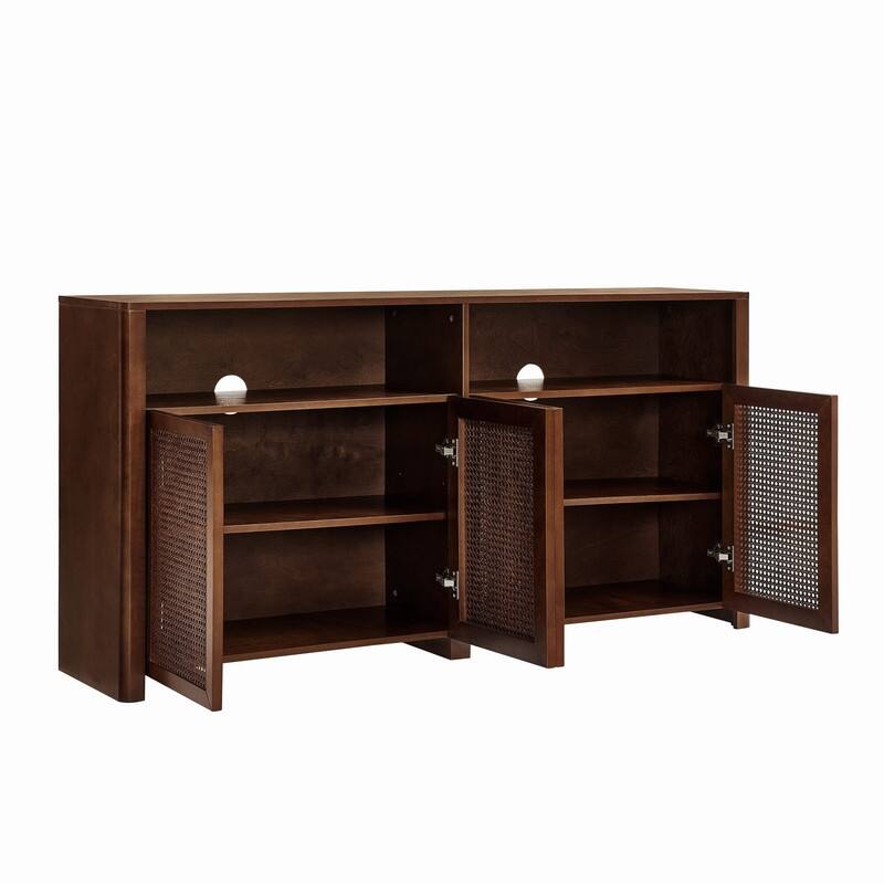 Mid Century Modern 63" Wide 4 - Cane Rattan Door Storage Sideboard with Open Shelf, Wine Bar Credenza for Living Room Entryway