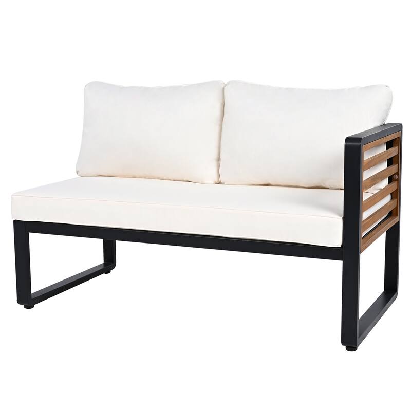 4 Pieces Outdoor Patio Conservation Set, Metal and Wood Frame Sectional L-shaped Sofa with Soft Cushion and a Coffee Tables