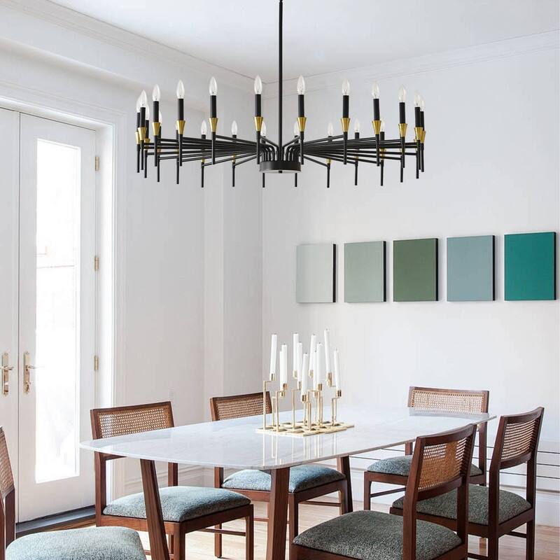 48-Inch Modern Black Farmhouse Chandelier，16-Light Industrial Round Hanging Light Fixture