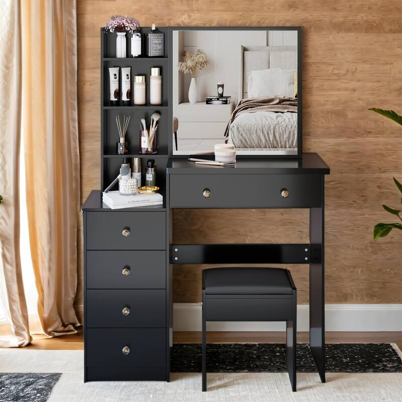 37" Full-Size Vanity Set with Sliding Mirror & Cushioned Stool