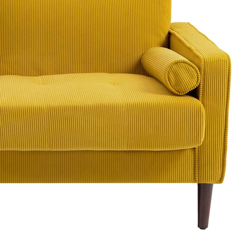 Modern Corduroy Upholstered Loveseat with Bolster Pillows and Wood Legs