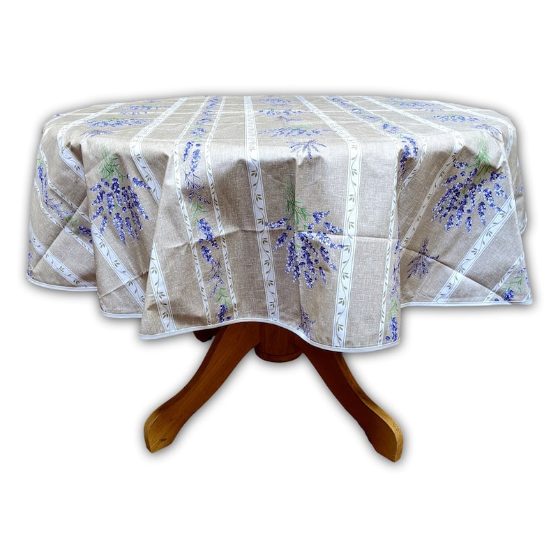 Wipeable Spill Resistant Provencal Cotton Cannes Collection Tablecloth - 60-in Round - Taupe Lavender