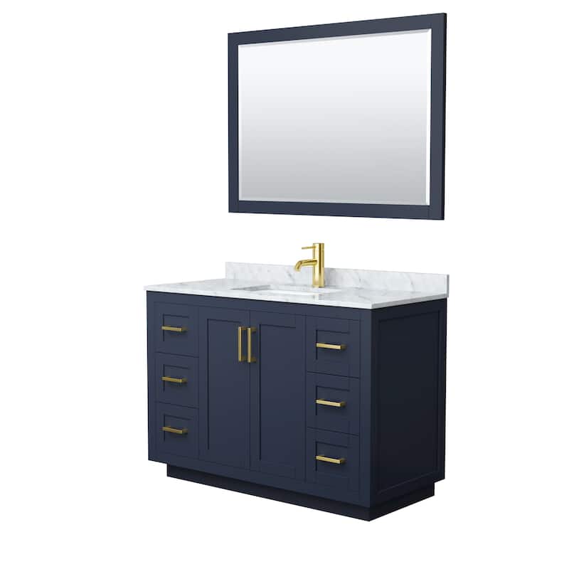 Miranda Single Vanity Set, White Carrara Marble Top, 46-Inch Mirror - 48-Inch Single - Dark Blue, Gold Trim, White Carrara Marble Top