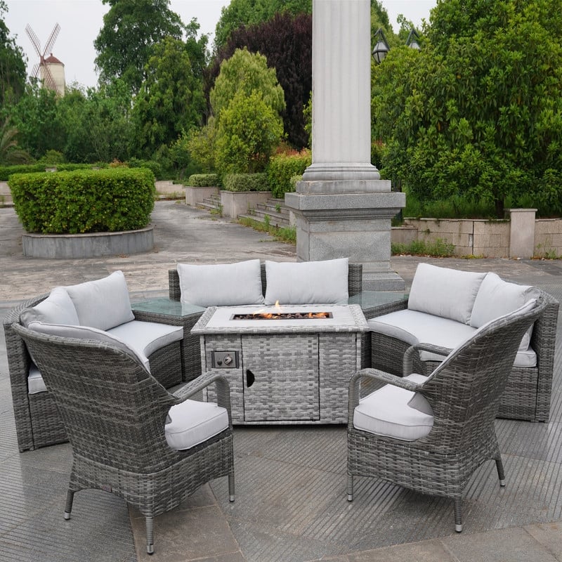 Patio Wicker Halfmoon Shape Sectional Sofa with Firepit and Chairs