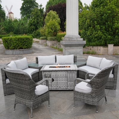 Patio Wicker Halfmoon Shape Sectional Sofa with Firepit and Chairs