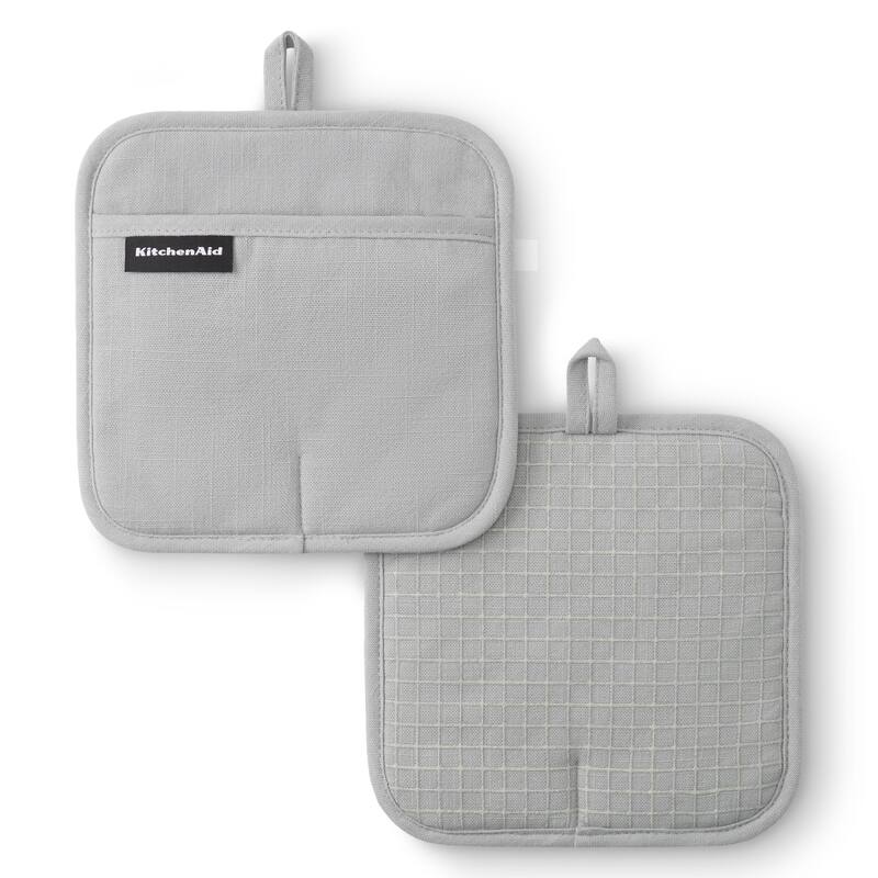 KITCHENAID Gourmet Series Gridlines Pot Holders 2-Pack Set, Heat Resistant up to 600°F, Soft Silicone Grip, Magnetic Cuff - Matte Grey