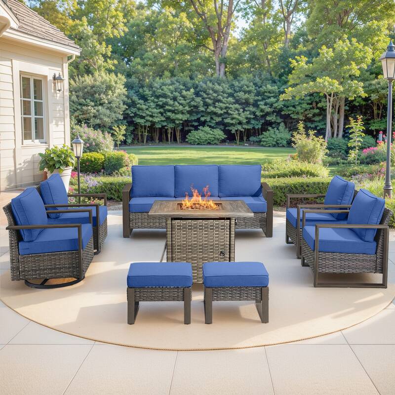 Pocassy 4/6/8PCS Sofa Swivel Chair with Fire Pit Table Set - Grey Wicker Blue Cushion - 8-Piece Sofa Chair with Fire Table