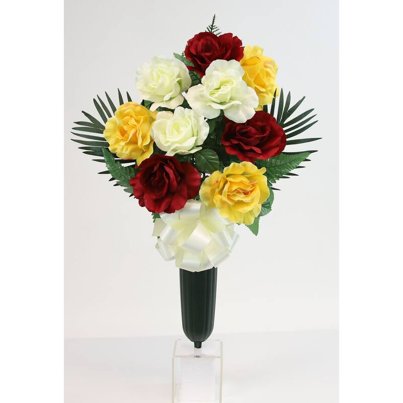 Flat Large Rose X9 Cemetery Vase - N/A - Yellow, Red, White
