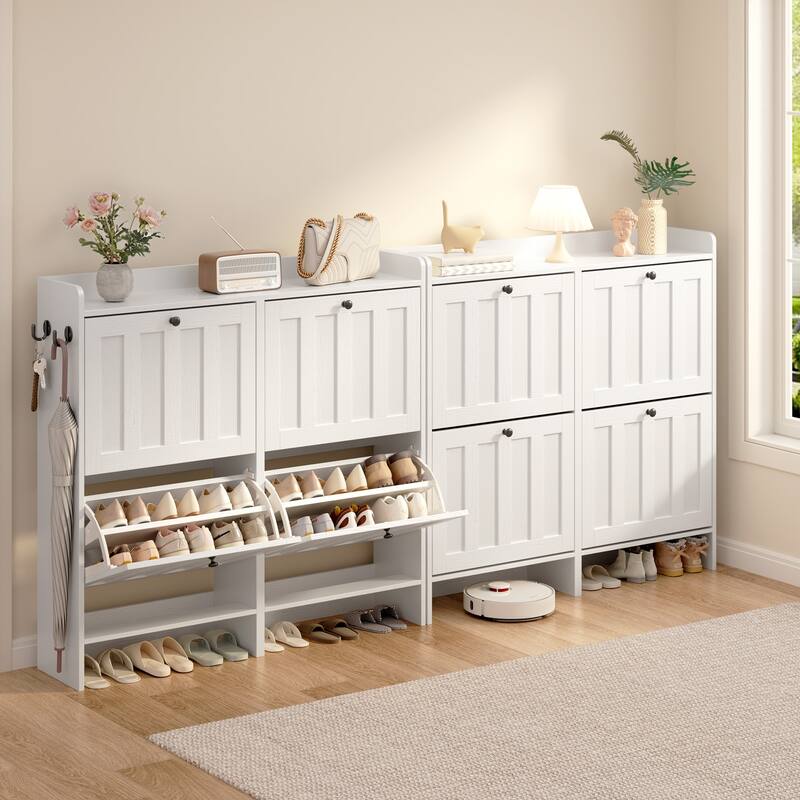 Shoe Cabinet with Flip Drawers, Slim Shoe Storage Cabinet for Entryway, Freestanding Narrow Rack with Open Storage