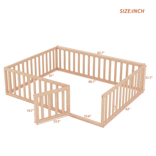 dimension image slide 0 of 2, Queen Size Wood Floor Bed Frame with Fence and Door Montessori Floor Bed with Rails for Kids Boys & Girls