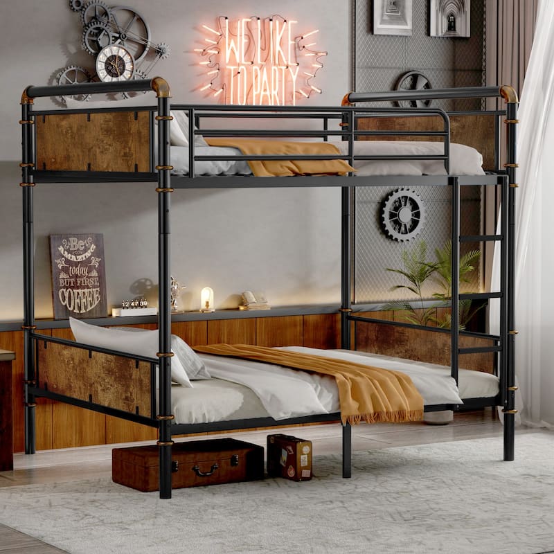 Metal Bunk Bed with Safety Guardrail Ladder and 8.1" Under Bed Storage, Vintage Wood and Gold Painting Detachable Bunk Bed - Black - Twin XL