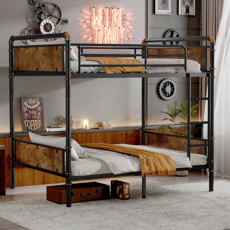 Twin XL over Twin XL Metal Bunk Bed, Industrial Detachable Bunkbeds with Safety Guard Rails for Teens, Black - Black