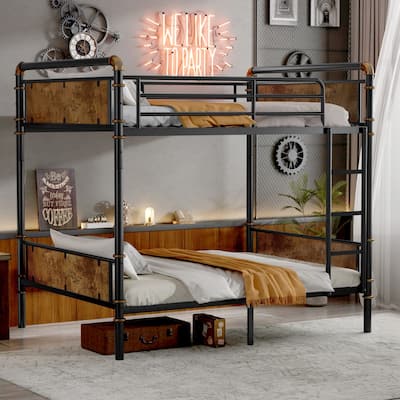 Twin XL over Twin XL Metal Bunk Bed, Industrial Detachable Bunkbeds with Safety Guard Rails for Teens, Black