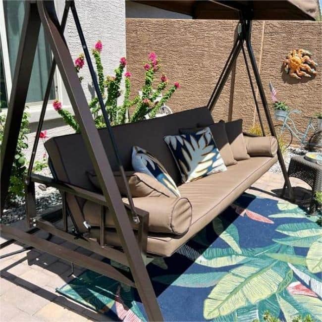 PURPLE LEAF 3-seat Outdoor Patio Porch Swing Adjustable Backrest, Cushions and Pillow Included