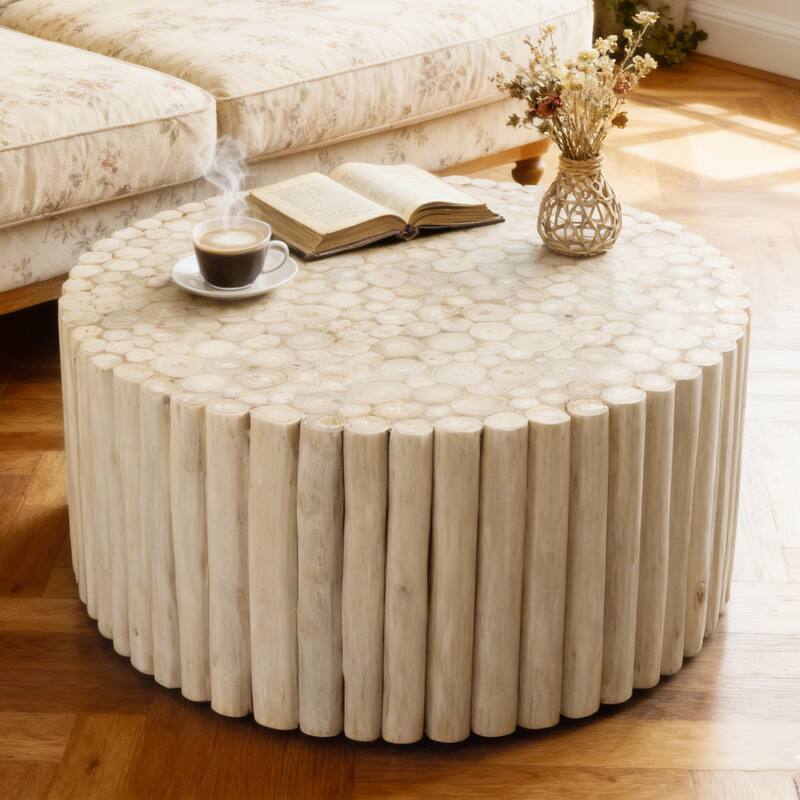 Handcrafted Round Teak Wood Log Coffee Table Accent Side Table - Middle - Natural