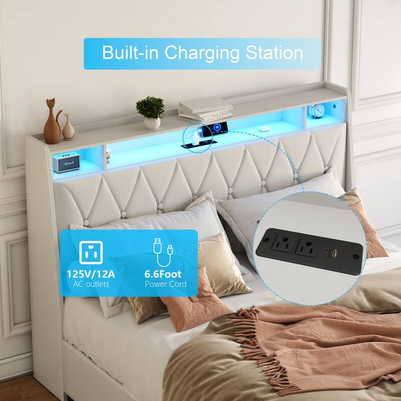 Queen Bed Frame with Ergonomic Headboard, Built-in Outlets, Charger, LED Light, Storage Shelf, Noise-Free, No Box Spring Needed
