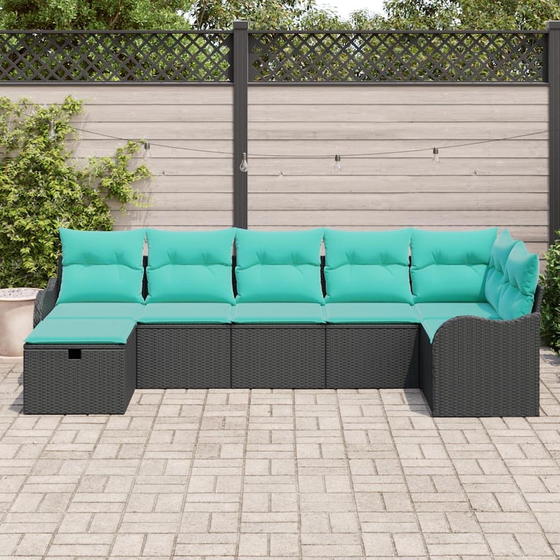 vidaXL 7/8 Piece Garden Sofa Set with Cushions Black Poly Rattan - 113.2×48.2×27.2