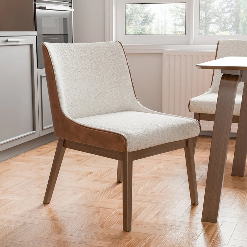 Set of 2 Upholstered Dining Chairs with Padded Seats in Walnut and Beige
