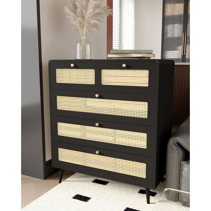 Modern Rattan Dressing Farmhouse Wood Storage Cabinet with 4 Drawers and Metal Handles, for Bedroom Living Room Hallway