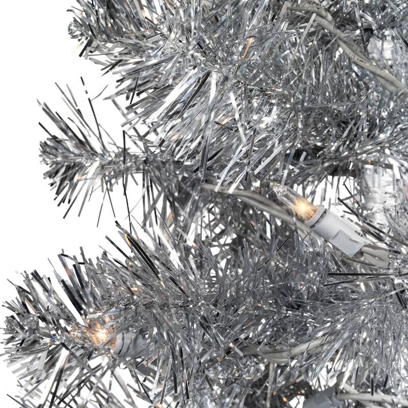 Pre-Lit Artificial Tinsel Christmas Tree - Silver - 7' - Clear Lights - 7 Foot