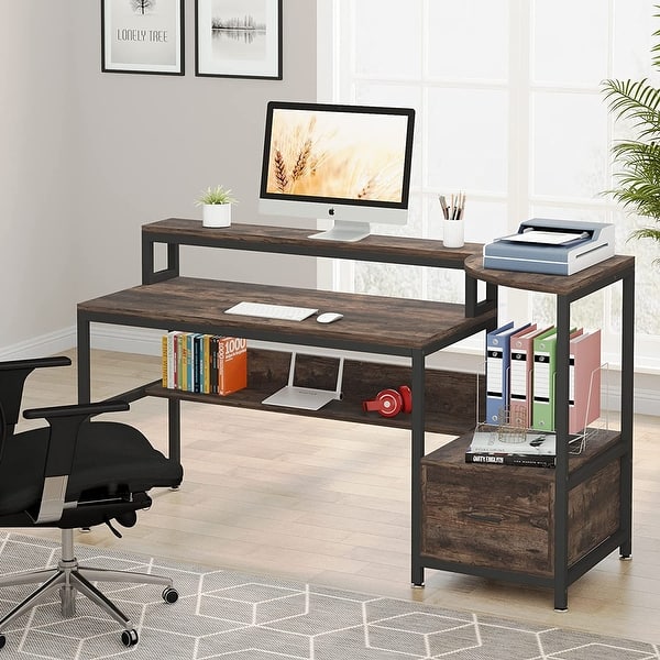 63" Computer Desk with Hutch and Storage Shelves Home Office Desk