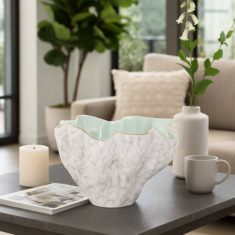 Artistic Abstract Decorative Bowl for Home Decor - 16", Ivory & Gray