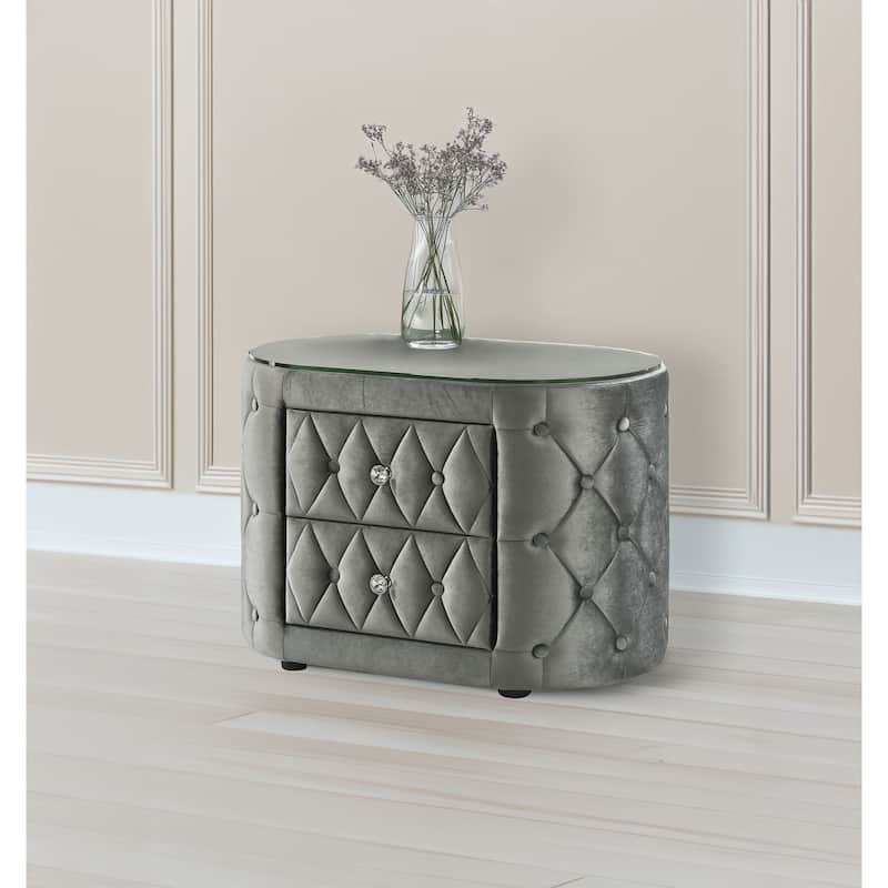 1pc Oval Nightstand Plush Tufted Upholstery Tempered Glass Top Rounded Sides Two Storage Drawers Sparkling Knobs Wooden - Gray