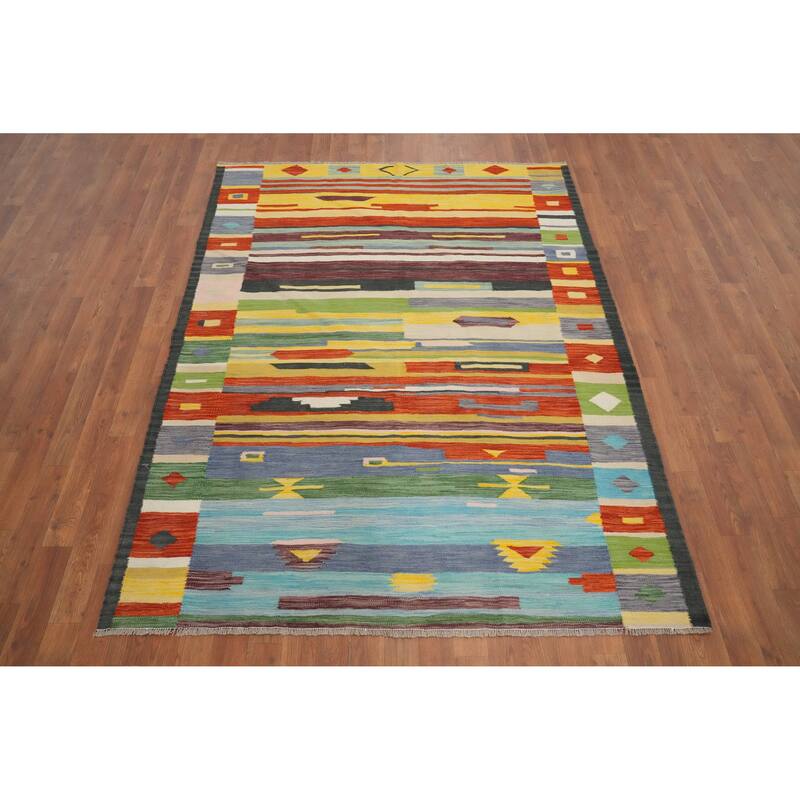 Hand Woven Oriental 100% Wool Carpet Southwestern Tribal Multi-Colored Kilim Area Rug - 6' 6'' X 5' 0''